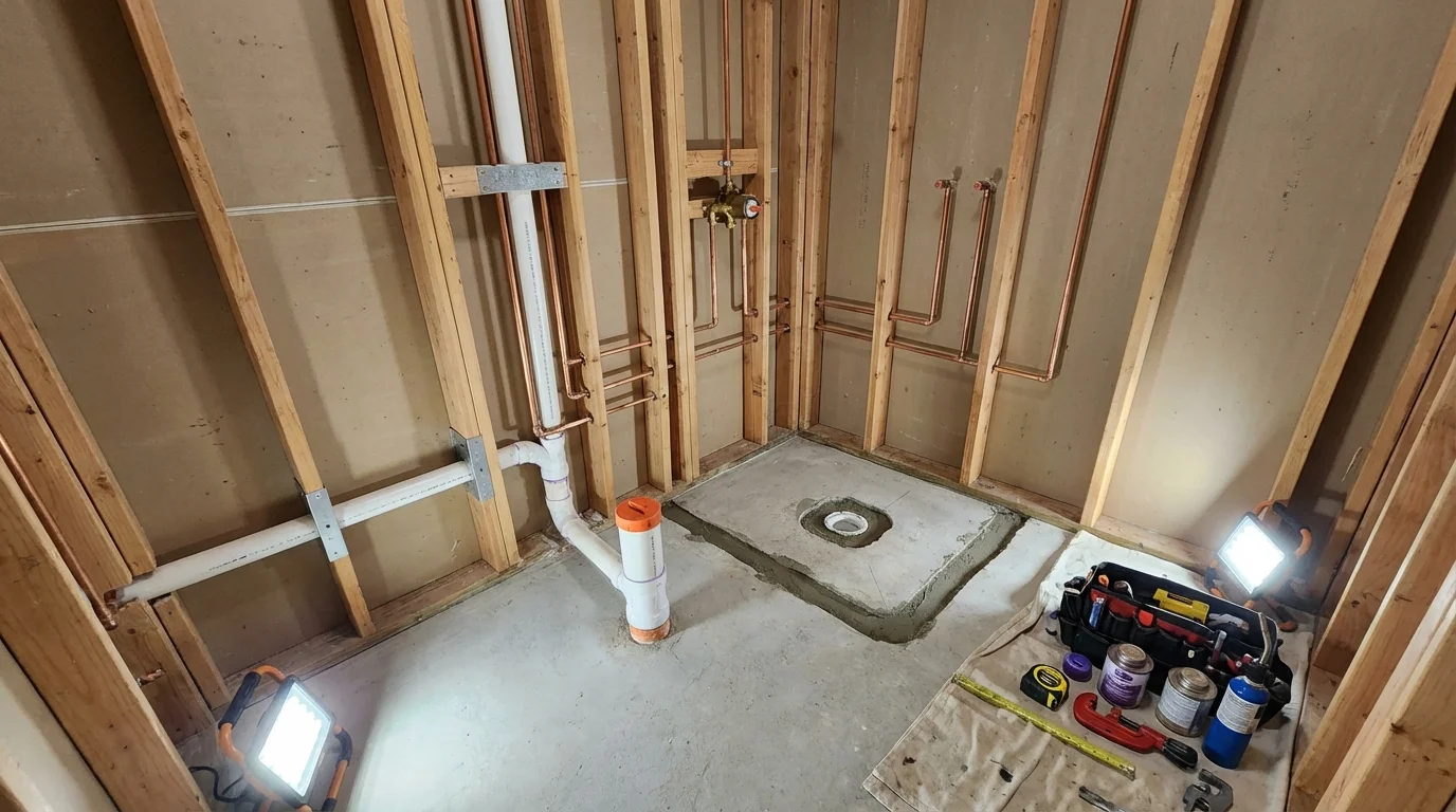 Bathroom rough-in plumbing during remodel by Johns Plumbing LLC in Alpine
