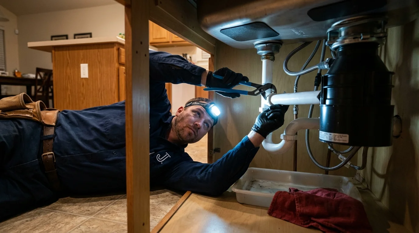 P-trap and supply line connections under a kitchen sink showing a common leak point in Alpine, UT